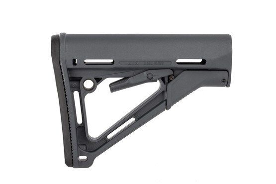 Magpul CTR carbine stock for MIL-SPEC buffer tubes features a wobble-stopping friction lock, multiple sling attachment points, and a grey finish